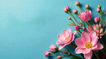 Spring flowers on blue background. Top view, copy space