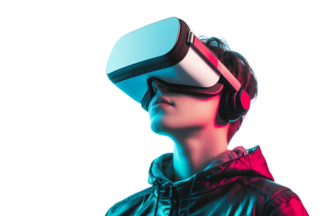 A young man immersed in a virtual reality experience, wearing a VR headset. Captured in vibrant colors against a white isolated background.