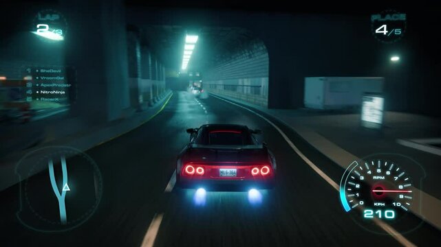 Racing Simulator Gameplay, Video Game Live Online Internet Championship. 3D Car Driving Fast and Drifting on a Night Highway Against Other Vehicles. Modern VFX Animation. Screen Replacement. Game Lost