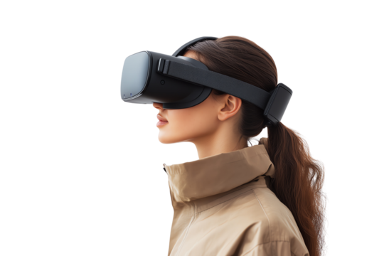 A young woman wearing a virtual reality headset, immersed in an engaging digital experience, showcased on a white isolated background.