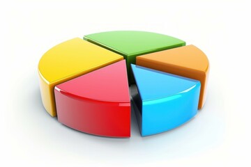Obraz premium Shiny 3d pie chart divided into five colorful segments, visualizing data and market analysis on a clean white background