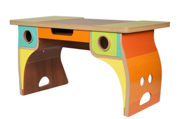 Colorful modern desk with unique design elements, suitable for creative workspaces, isolated on a white background.