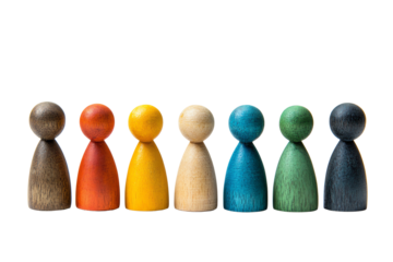 Colorful wooden figures representing diversity and community on a white isolated background.