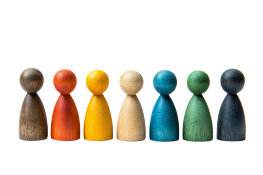 Colorful wooden figures representing diversity and community on a white isolated background.
