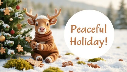 Naklejka premium Cute reindeer holding gingerbread near Christmas tree in snow