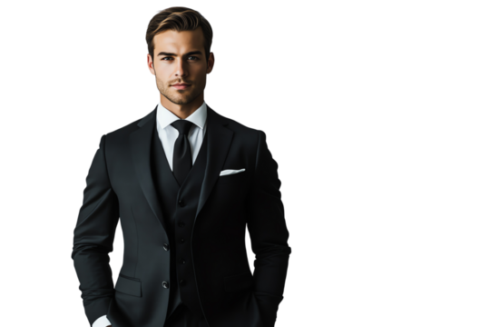 Confident businessman in a formal suit stands with one hand in pocket, isolated on white background, showcasing professionalism and style.