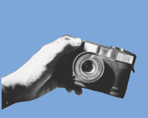 close up of hand holding camera pixelate color halftone dotted texture style collage element isolated on blue background