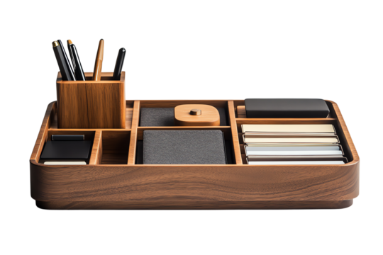 Elegant wooden desk organizer featuring compartments for pens, paper, and more, enhancing workspace efficiency against a white isolated background.