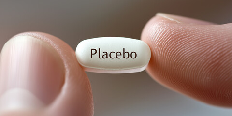 close up of a fingers holding a placebo pill