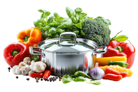 Fresh vegetables and herbs surrounding a stainless steel pot, vibrant colors of red, green, and yellow add visual appeal.