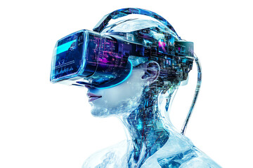 Futuristic humanoid figure wearing VR headset, immersed in a digital world, showcasing advances in...