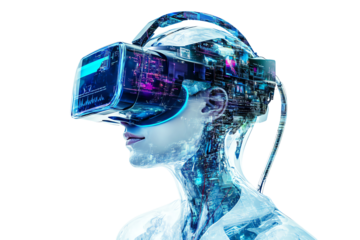 Futuristic humanoid figure wearing VR headset, immersed in a digital world, showcasing advances in virtual reality technology, isolated on white background.