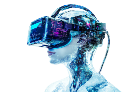 Futuristic humanoid figure wearing VR headset, immersed in a digital world, showcasing advances in virtual reality technology, isolated on white background.