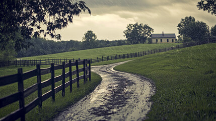 Fototapeta premium Rural Landscape with Farmhouse in Gentle Rain