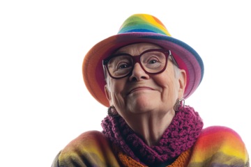 Joyful elderly woman with colorful attire and glasses, exuding happiness and wisdom against a white isolated background.