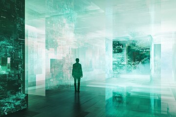 Figure stands in teal, translucent, geometric space.