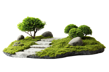 Lush green landscape with decorative trees and stones, featuring a winding path, creating a serene and peaceful garden scene.