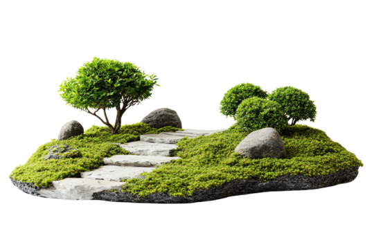 Lush green landscape with decorative trees and stones, featuring a winding path, creating a serene and peaceful garden scene.