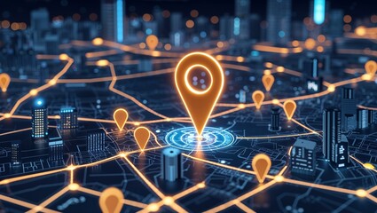 Digital Map with Glowing Location Pin Highlighting Key Destinations, Representing Advanced Navigation and Geospatial Technology