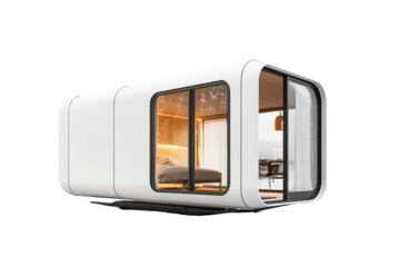 Modern architectural design of a small prefabricated house with large windows, minimalist aesthetic, ideal for a compact living space.
