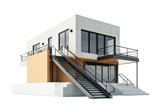 Modern architectural design featuring a two-story building with large windows, stairs, and a contemporary style on a white isolated background.