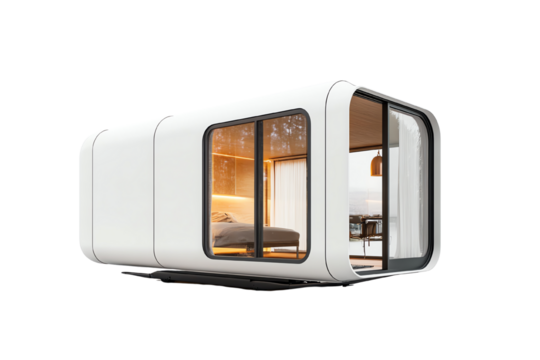 Modern architectural design of a small prefabricated house with large windows, minimalist aesthetic, ideal for a compact living space.