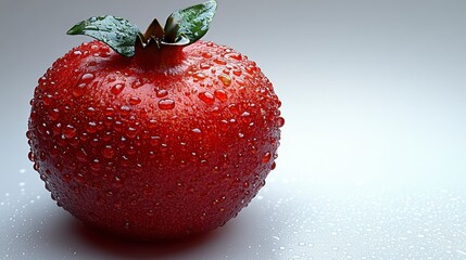 Close-up of a ripe, red pomegranate covered in water droplets, set against a light gray background.