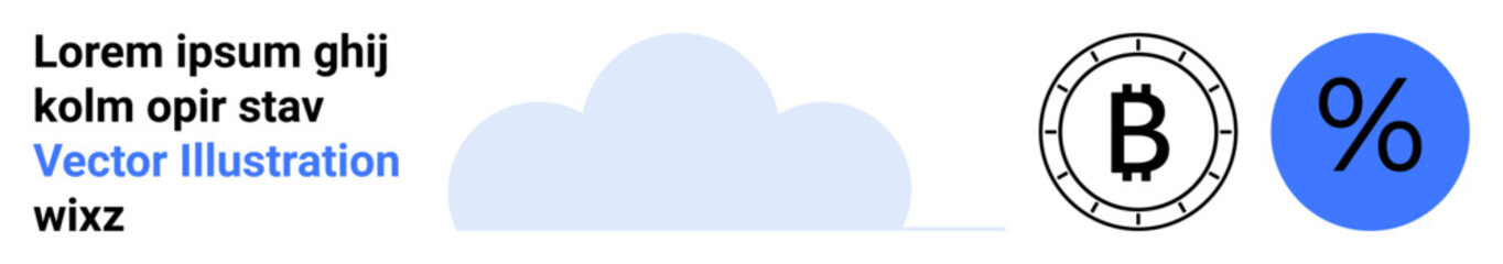 Cloud graphic, Bitcoin symbol in a circle, percentage symbol. Ideal for fintech, digital currency, cloud storage, cryptocurrency, finance, technology, data security. Landing page