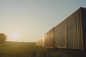 Fototapeta premium Train Carrying Containers at Sunrise in Open Field
