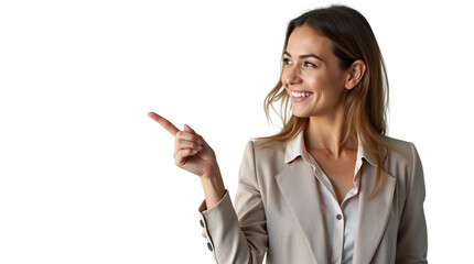 Confident Businesswoman Pointing to the Left Isolated on a Transparent Background (PNG).