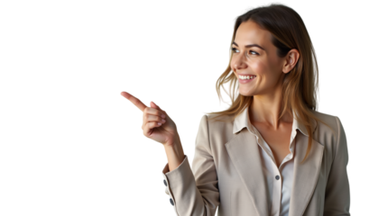 Confident Businesswoman Pointing to the Left Isolated on a Transparent Background (PNG).