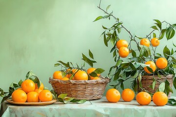Orange fuit painting and one of them is sliced
