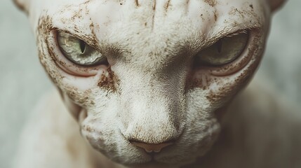 Fototapeta premium Closeup of a Sphynx cats face isolated on a seamless white background highlighting its unique features and sharp expressive eyes