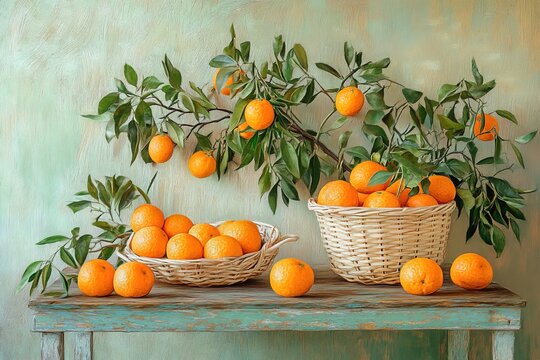 Orange fuit painting and one of them is sliced
