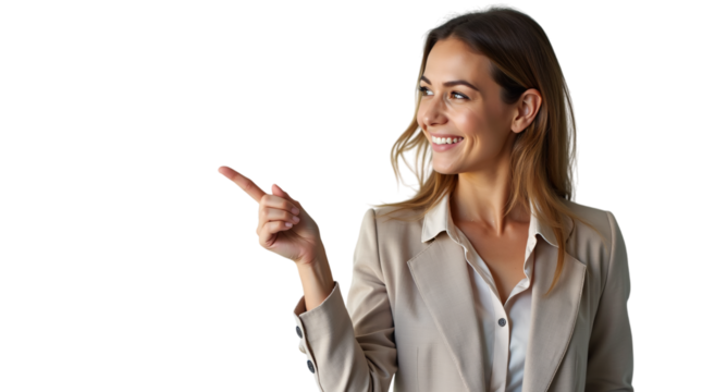 Confident Businesswoman Pointing to the Left Isolated on a Transparent Background (PNG).