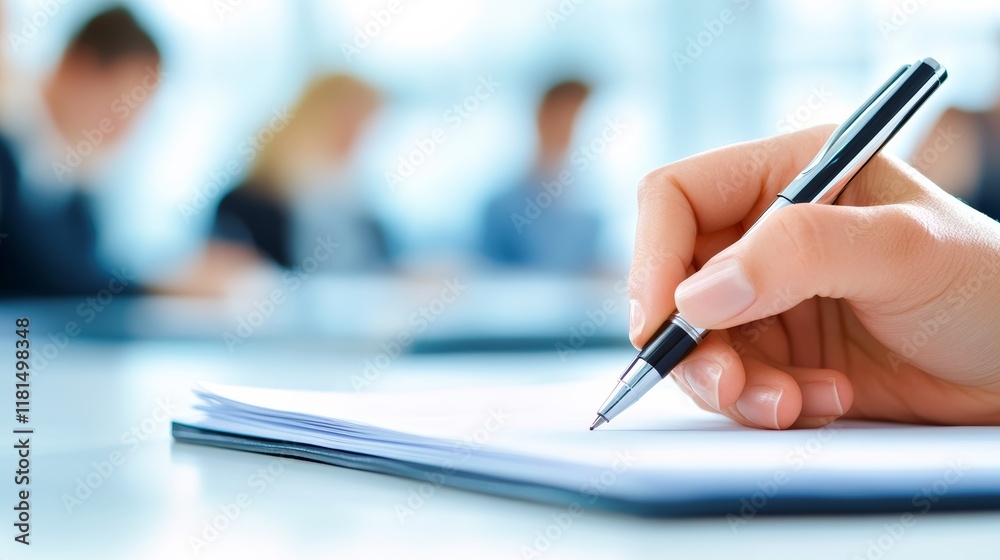 Poster close up view of a female hand writing notes with an elegant pen on paper during a corporate meeting