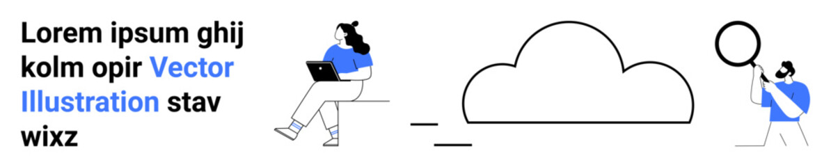 Woman using a laptop, large cloud icon, man holding magnifying glass. Ideal for cloud storage, data analysis, technology, digital workspace, online research, mobile computing. Landing page