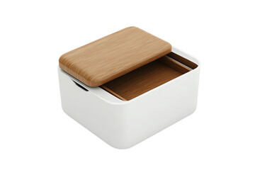 Stylish white storage box with a wooden lid, perfect for organizing small items. Ideal for home decor and minimalist aesthetics.