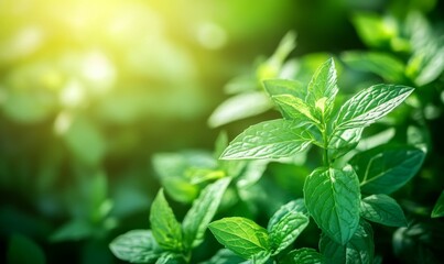 Lush green foliage, sunlit, vibrant leaves.