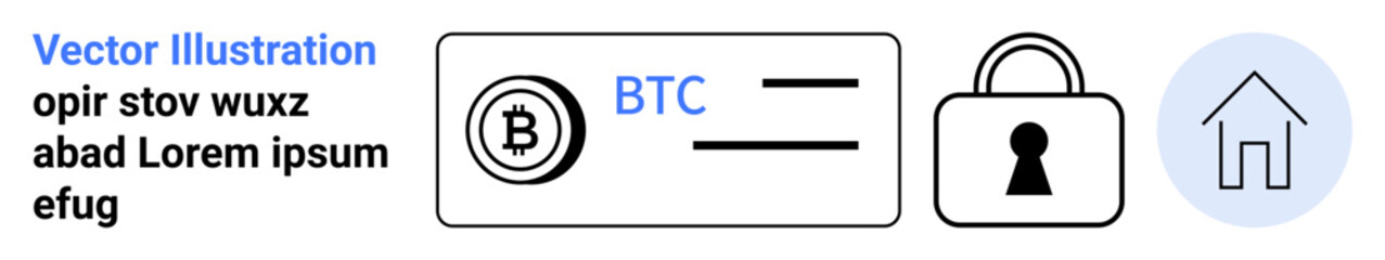 Obraz premium Cryptocurrency wallet card labeled with BTC next to lock and home icons, highlighting security in digital finance. Ideal for cryptocurrency, secure transactions, fintech, blockchain, digital wallets