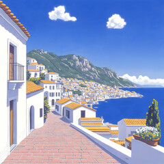 Fototapeta premium Coastal Town Illustration Sunny Day