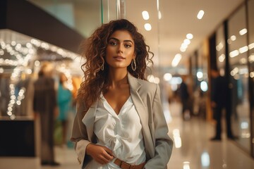 A beautiful dark-haired woman wearing stylish clothes in a shopping mall