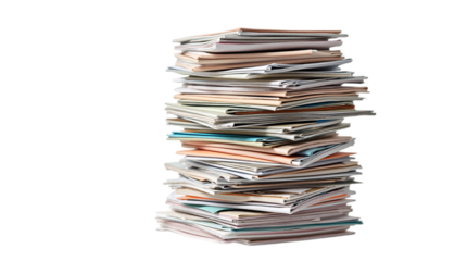 Large Stack of Cluttered Folders and Documents Isolated on a Transparent Background (PNG).