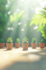 Fototapeta premium Miniature Succulents, Sunshine, and Tranquility Serene Green Oasis for Wellness and Growth