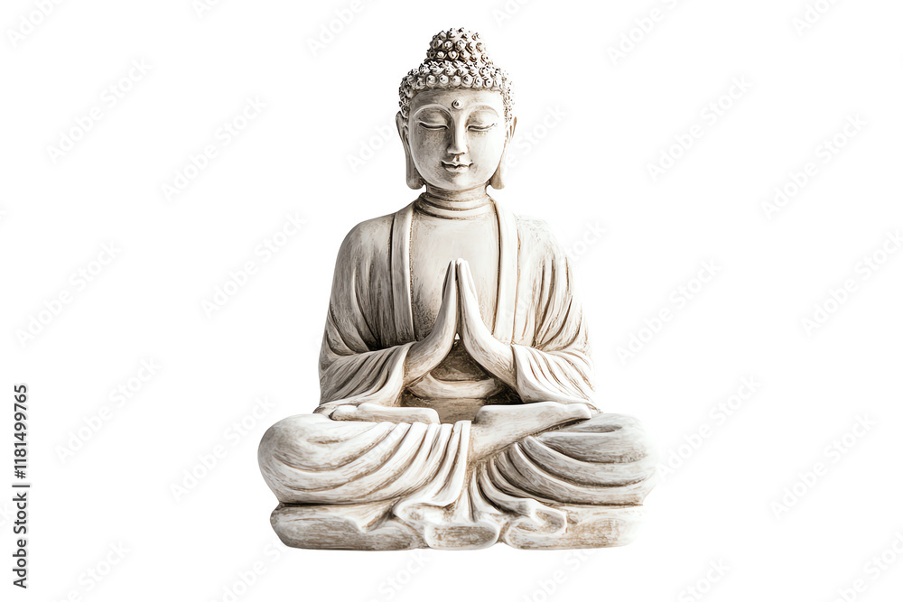 Wall mural White stone Buddha statue in a meditative pose, hands together in prayer, isolated on a white background.