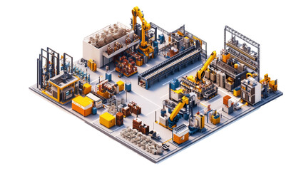 Isometric View of Automated Factory with Robotic Arms and Assemb