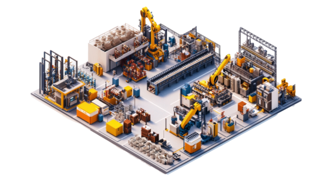 Isometric View of Automated Factory with Robotic Arms and Assemb