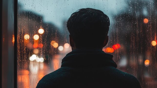 A person looking out of a window on a rainy day, deep in thought and disconnected from the world outside. Loneliness and introspection