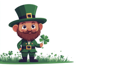 Fototapeta premium leprechaun in green outfit, top hat, holding clover on white background, symbol of st patrick's day