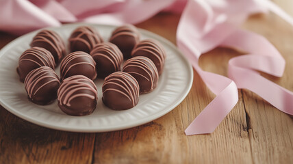 木製テーブルに映えるいちごトリュフとピンクリボンの上品な光景